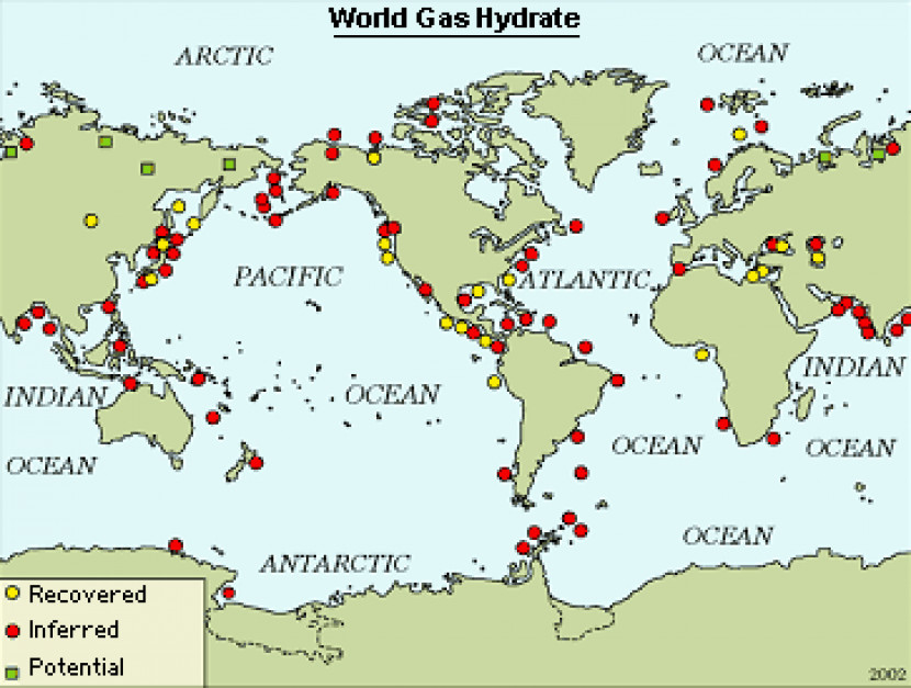 Potwierdzone, przewidywane i potencjalne złoża hydratów gazowych na świecie. Źródło: USGS