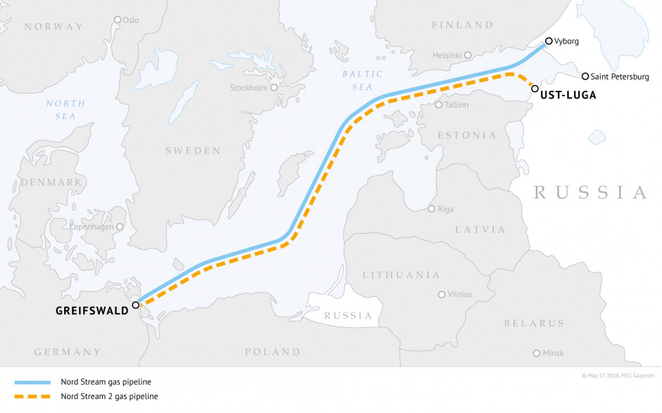 Przebieg gazociągów Nord Stream i Nord Stream 2. Fot. mat. pras. Gazprom