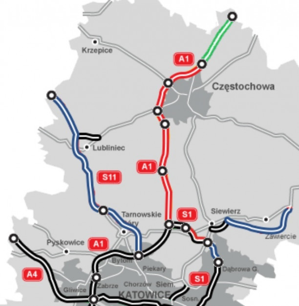 Ostatni odcinek A1 do budowy w woj. śląskim (na zielono). fot. GDDKiA