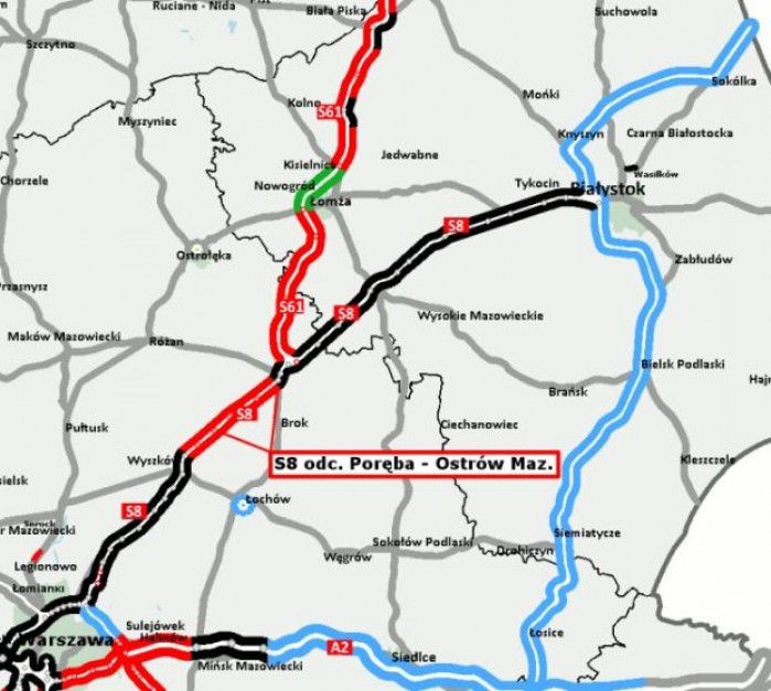 Przebieg drogi S8 między Warszawą a Białymstokiem (źródło: GDDKiA)