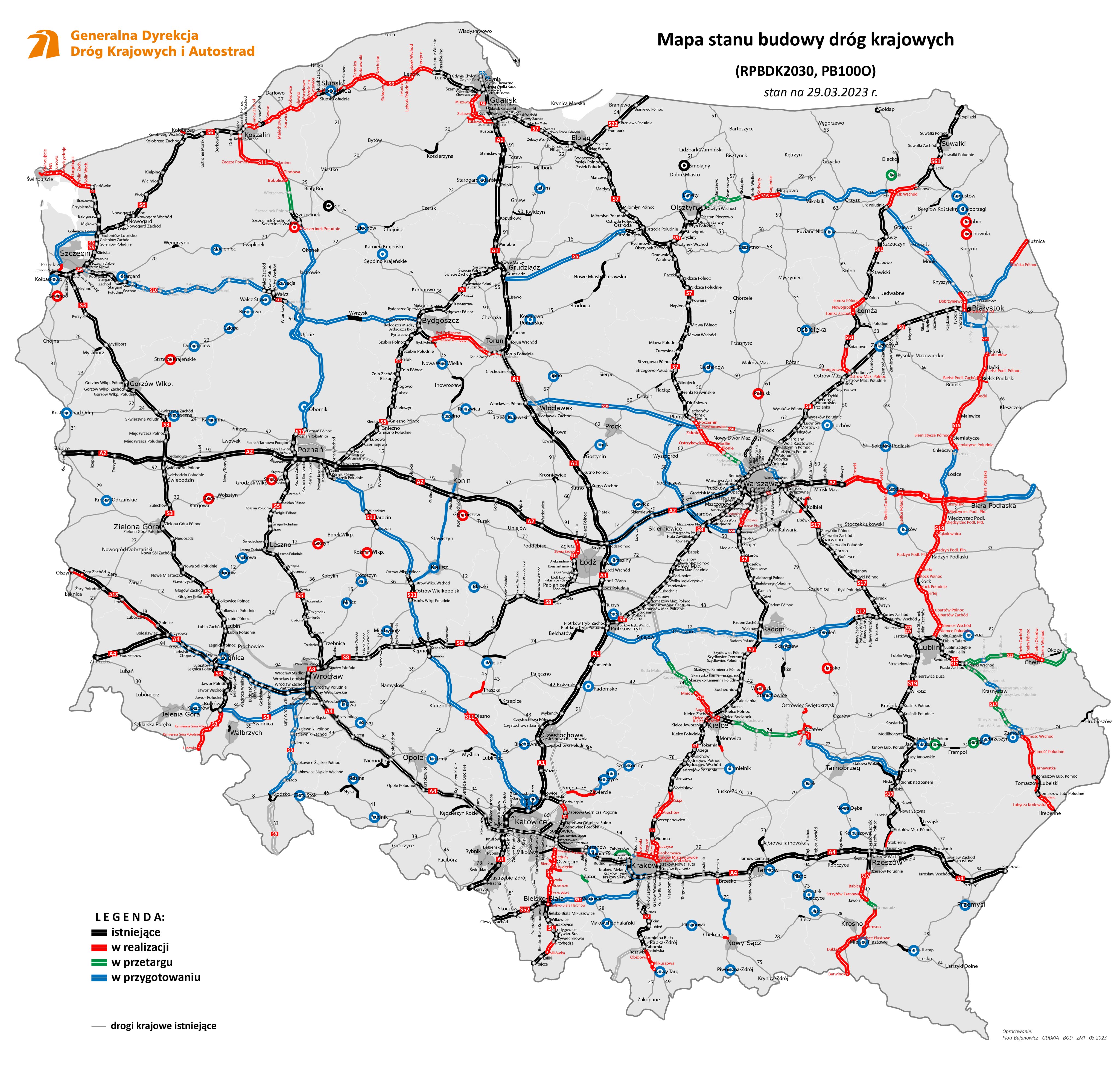 Mapa stanu dróg krajowych. Źródło: GDDKiA