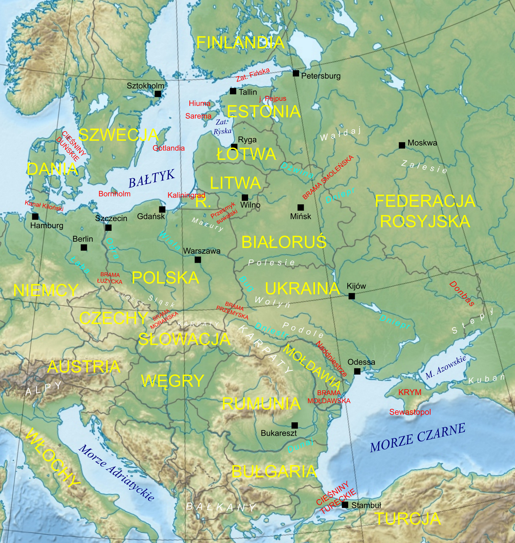 Przesmyk suwalski na mapie. Źródło: Wikimedia, Popik - Praca własna, oparta o: Europe relief laea location map.jpg by Alexrk2, CC BY-SA 4.0, https://commons.wikimedia.org/w/index.php?curid=106545296