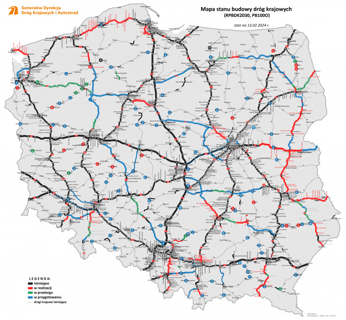 Mapa stanu budowy dróg krajowych. Źródło: GDDKiA