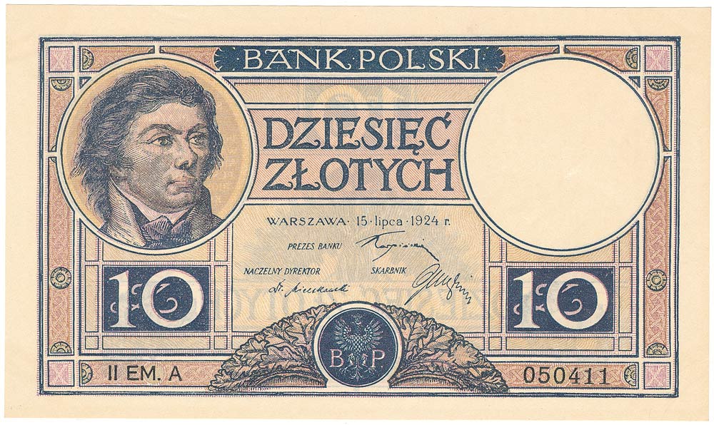 10 złotych z 1924 roku z wizerunkiem Tadeusza Kościuszki. Fot. Gabinet Numizmatyczny Damian Marciniak - gndm.pl/Wiki Media/CC BY-SA 4.0