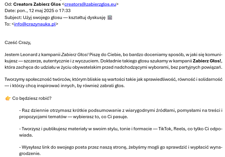 Influencers from Crazy Nauka received such messages