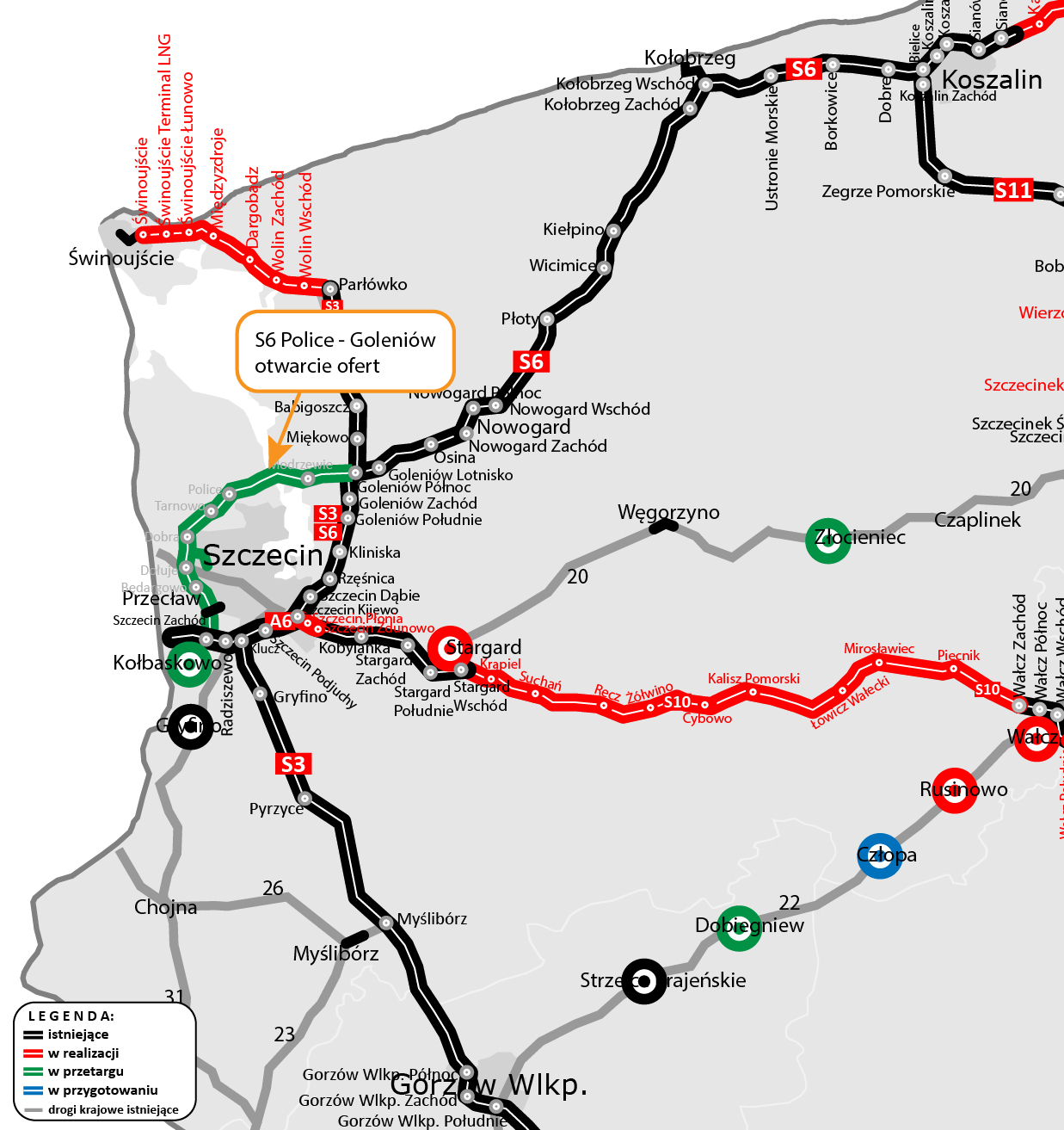 Baypas yolu, Szczecin'i güneyden ve doğudan baypas eden A6, S3 ve S6 yollarının mevcut güzergahını rahatlatacaktır. GDDKiA Malzemesi