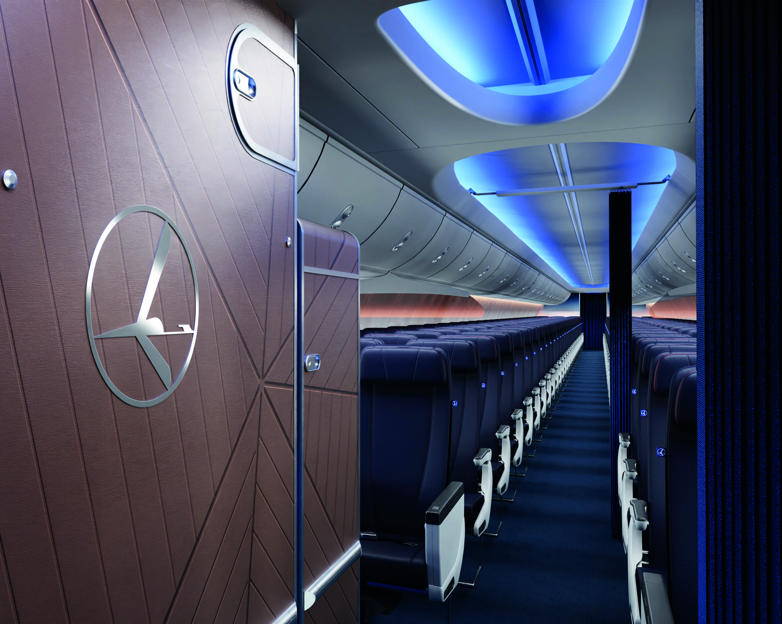 Visualização do interior do novo Boeing 737 MAX 8 nas cores da LOT Polish Airlines. Materiais de imprensa / LOT Polish Airlines