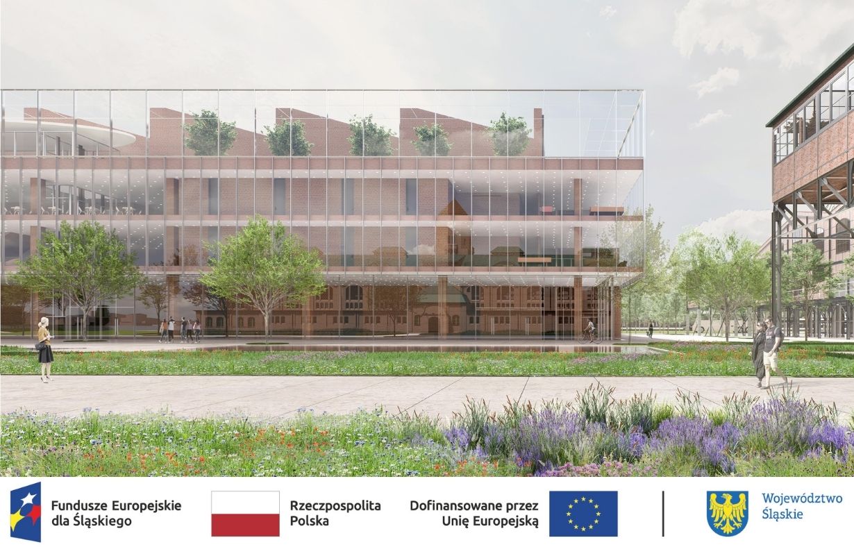 Zadanie jest realizowane ze wsparciem środków Unijnych. Wizualizacja II etapu Hubu. Fot. Materiały prasowe / Urząd Miasta Katowice / AMC – Andrzej M. Chołdzyński Sp z o.o. Sp k.