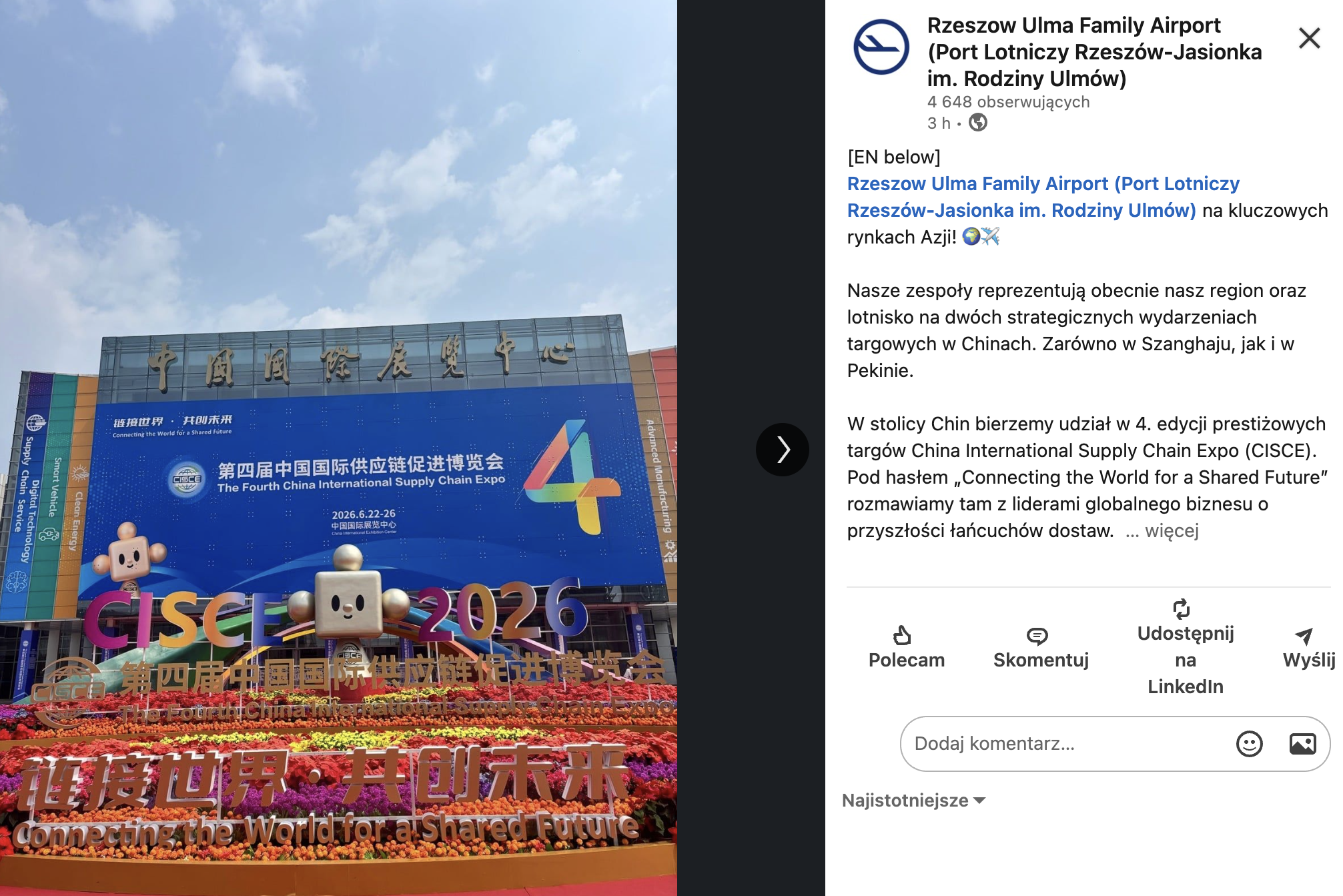 Jesteśmy również obecni podczas targów Air Cargo Shanghai 2026 w Shanghai New International Expo skupiających czołowe światowe linie lotnicze, porty lotnicze, dostawców usług transportu lotniczego oraz producentów, tworząc kompletny ekosystem branżowy - napisali na swoim profilu przedstawiciele rzeszowskiego portu. Fot. Port Lotniczy Rzeszów - Jasionka / Rzeszow Ulma Family Airport (Port Lotniczy Rzeszów-Jasionka im. Rodziny Ulmów) / Linkedin